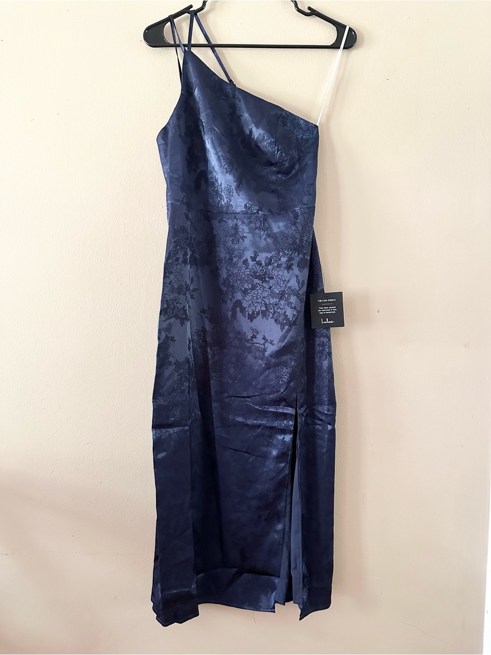NWT Lulu's Desirable Dream Navy Blue Jacquard Halter Floral Midi Dress, Sz XS